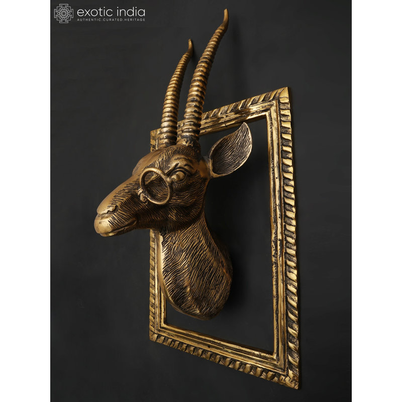  Décoration murale tête de cerf en laiton 23 po avec cadre, fixation murale animal rustique