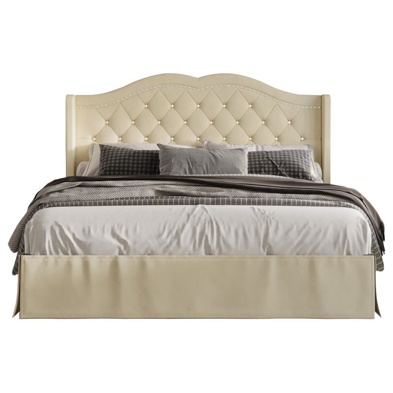 Lit plateforme tapissier simple Almanzo, Beige, Double
