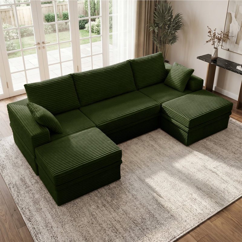 107" Corduroy U-Shaped Sectional Sofa with Storage, Modular Deep Seat Couch for Living Room, Green