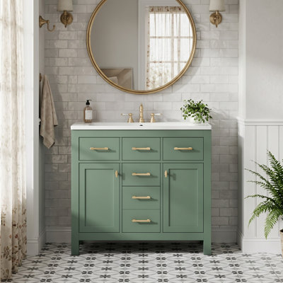 Ensemble de meuble-lavabo simple 36 po avec 4 tiroirs et 2 portes à fermeture en douceur, ensemble de meuble-lavabo à cadre en bois massif 36 po avec lavabo en céramique, vert