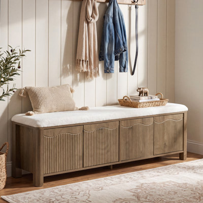 Banc de rangement capitonné de 140 cm pour entrée, banc à chaussures en bois avec 4 portes d'armoire et étagères réglables