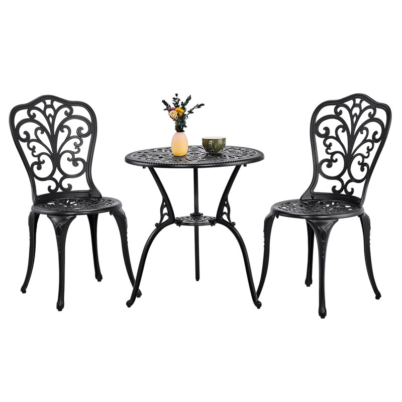 Ensemble bistro d'extérieur en fonte d'aluminium 3 pièces Iris, Noir