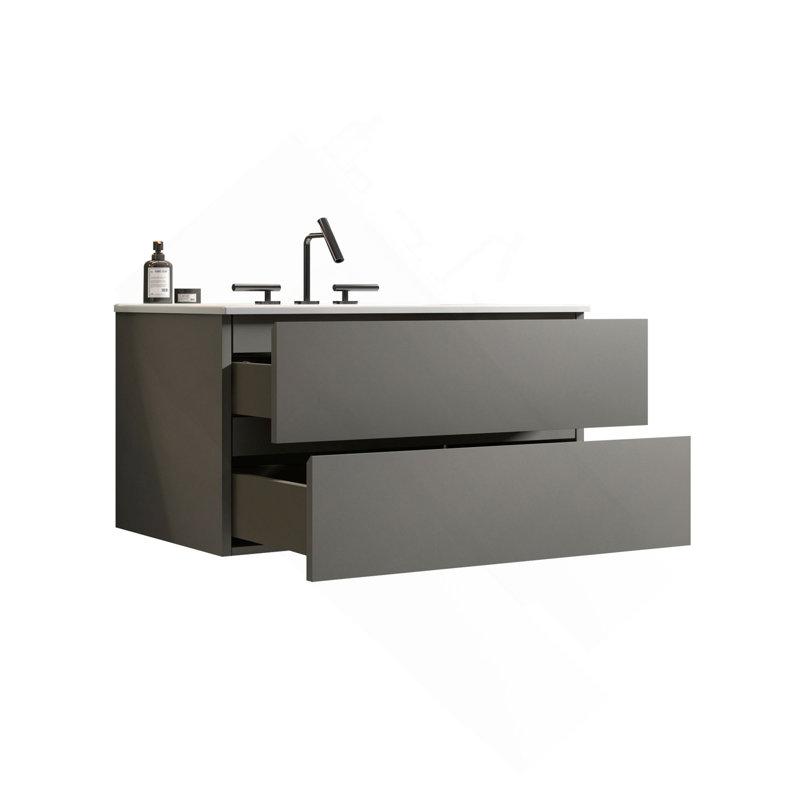 Meuble-lavabo mural gris de 36 po avec lavabo en céramique et trois trous de robinet, grand meuble-lavabo flottant avec rangement pour salle de bain moderne