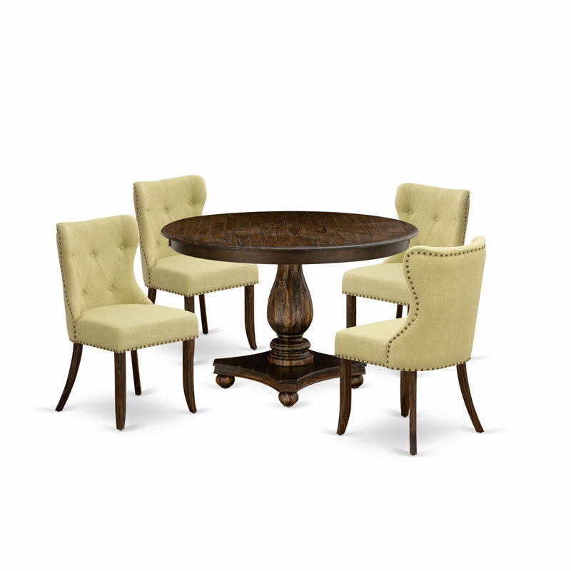 5 Piece Dinette Set for 4 Includes a Round Dining Table with Pedestal and 4 Limelight Linen Fabric Parson Chairs, Distressed Jacobean