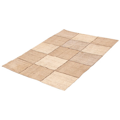 Tapis beige / brun à motif géométrique en laine tissé à plat à la main à motif rectangulaire Martiya