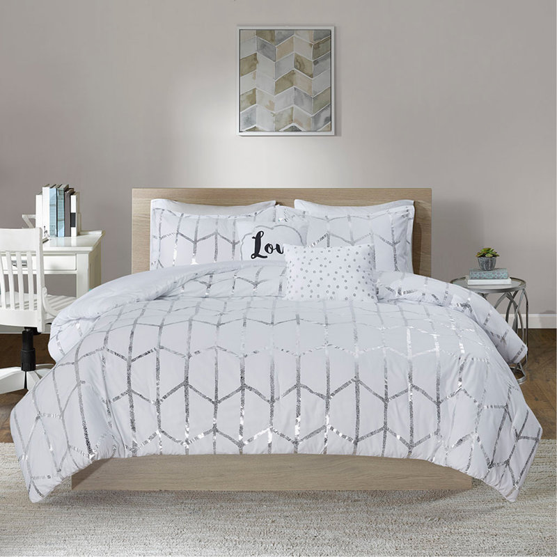 Ensemble d'édredon simple / simple TG, Édredon pour lit simple / simple TG + 4 pièces s, Blanc / argenté, À rayures