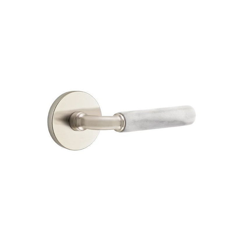 Emtek Select Privacy Interior Mortise w/ Disk Rosette & R-Bar Stem, Rosso Levanto Marble, Left, Satin Nickel/White Marble