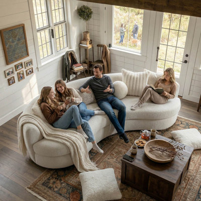105"Beige Boucle 3-Seat Modern Curved Sofa With 6 Down-Filled Toss Pillows,Curved Boucle Couch For Living Room (Beige)