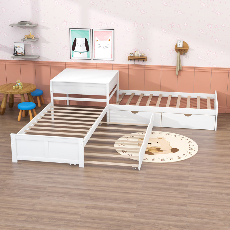 Lit plateforme simple en L en bois avec table intégrée, lit gigogne et tiroirs de rangement, Blanc