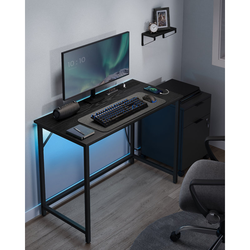 Ahuva Metal Base Computer Desk with Power Outlet, Black