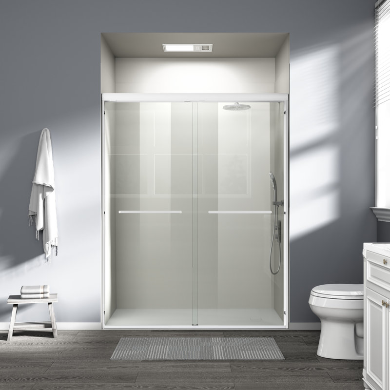 Porte de douche coulissante double demi-cadre l 56 à 60 po x H 72 po, verre trempé 1/4 po (6 mm) pour douche à l'italienne, finition blanche