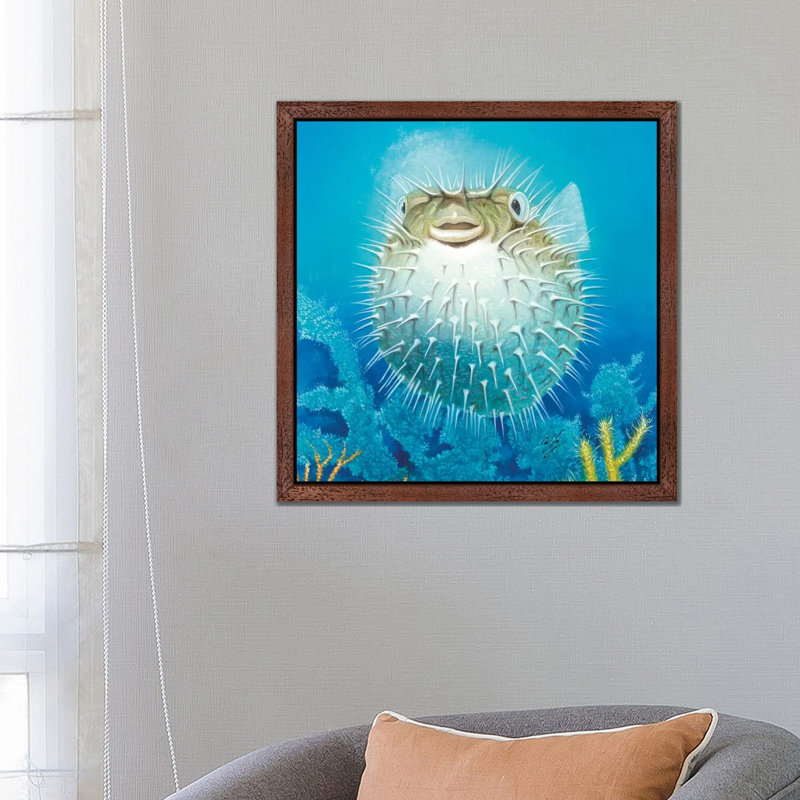 Puffer Fish 1 Piece Painting on Canvas, 45.72 cm H x 45.72 cm W, Brown Framed