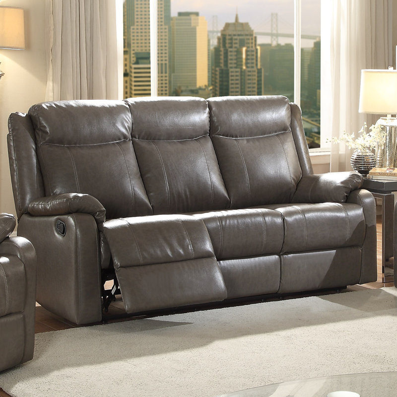 Mouzon Faux Leather Pillow Top Arm Reclining Loveseat, Dark Brown Faux Leather, 40"H x 76"W x 37"D