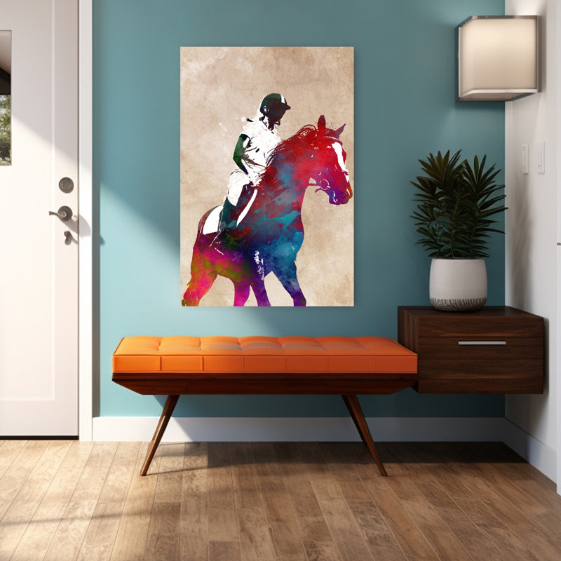 Aquarelle, cheval, cavalier, art mural contemporain, 24" H x 16" W