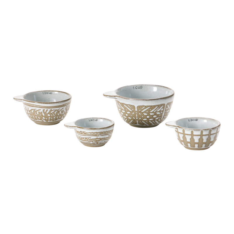 Stoneware Measuring Cups With Wax Relief Pattern, White, Set Of 4