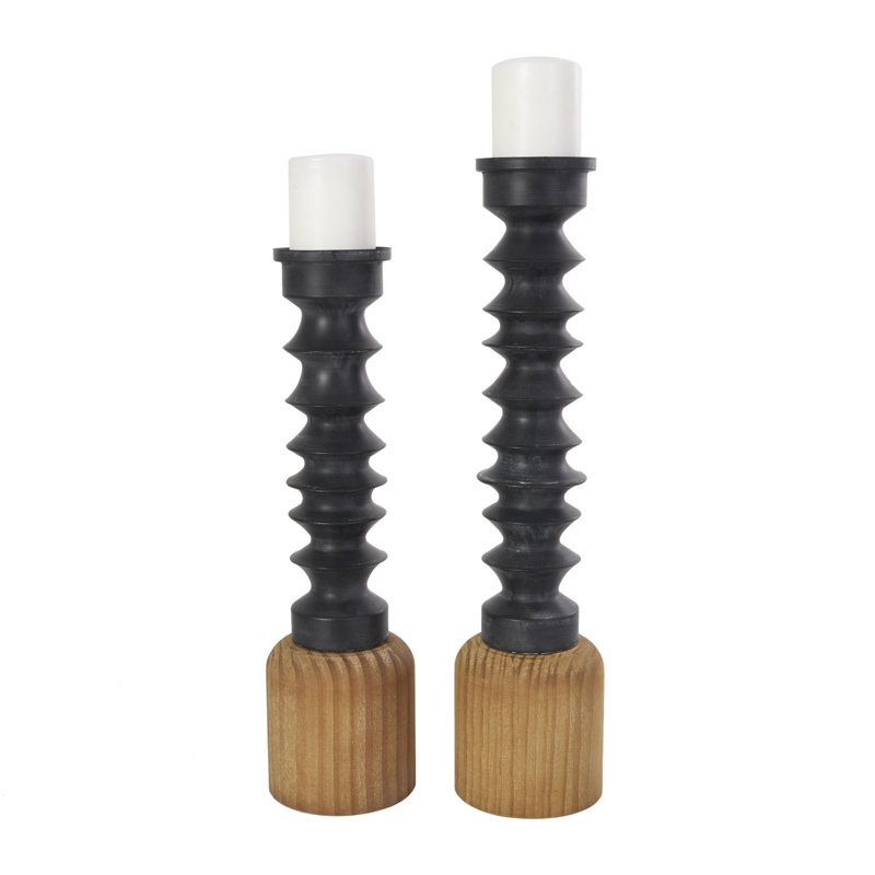 Ensemble de porte-bougie décoratifs en métal noir avec bases en bois brun