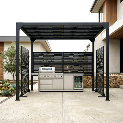9.8'X7.9' Metal Pergola & 2 Pcs Metal Privacy Screen Fence Panel, Steel Frame Patio Pavilion For Outdoor Backyard Garden