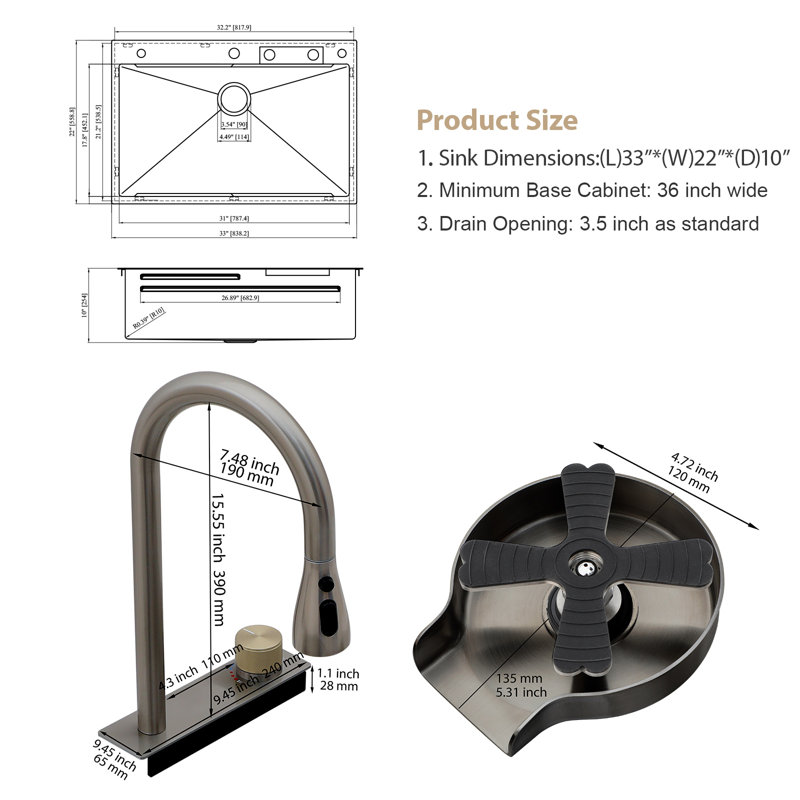 33'' L x 21'' W Drop-In Stainless Steel Kitchen Sink with Waterfall Faucet, Single Bowl Kitchen Sink with Pull-Down Faucet & Cup Washer