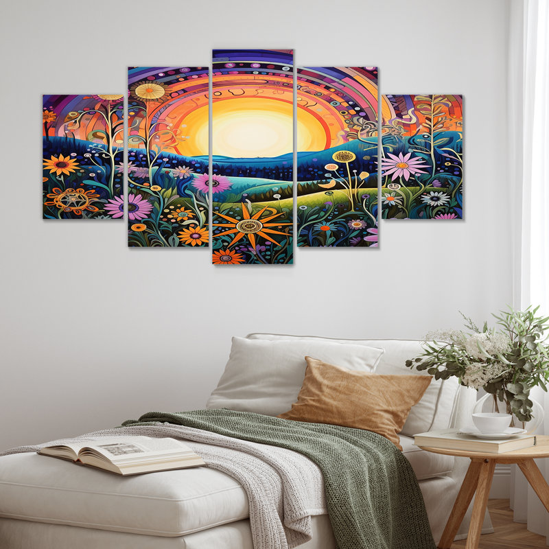«Rainbow Sunset Colorful Spring Flowers - Meadow», ensemble d'art mural 5 pièces, H 32 po x l 60 po