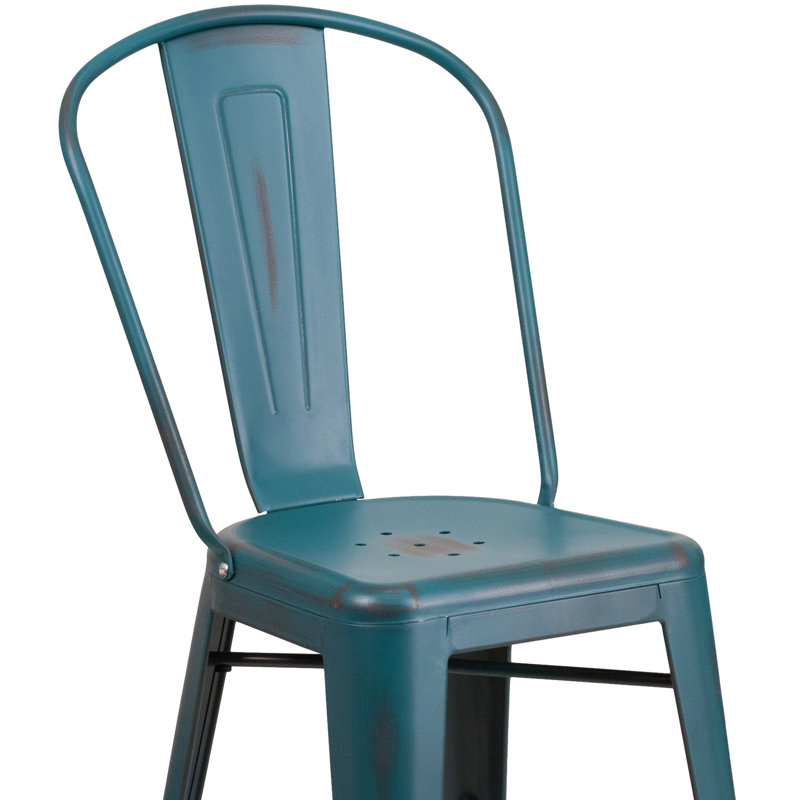 Angelean 24" High Distressed Metal Indoor-Outdoor Counter Height Stool - Back, Kelly Blue, Counter Stool (24" Seat Height)