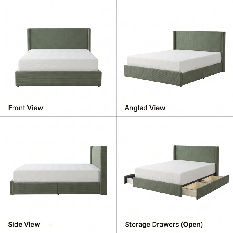 Modern Wingback Upholstered Platform Bed, Turtle, Queen