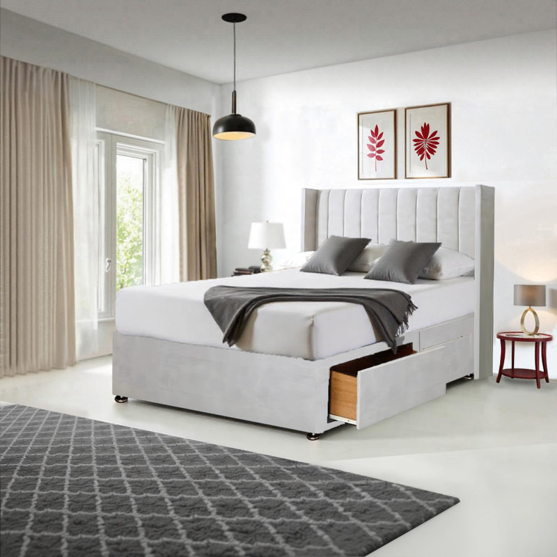 Cream Plush Milan Bed & Mattress Sets - Divan Bed Base with Wingback Headboard & 2 Storage Drawers - Bedroom Furniture