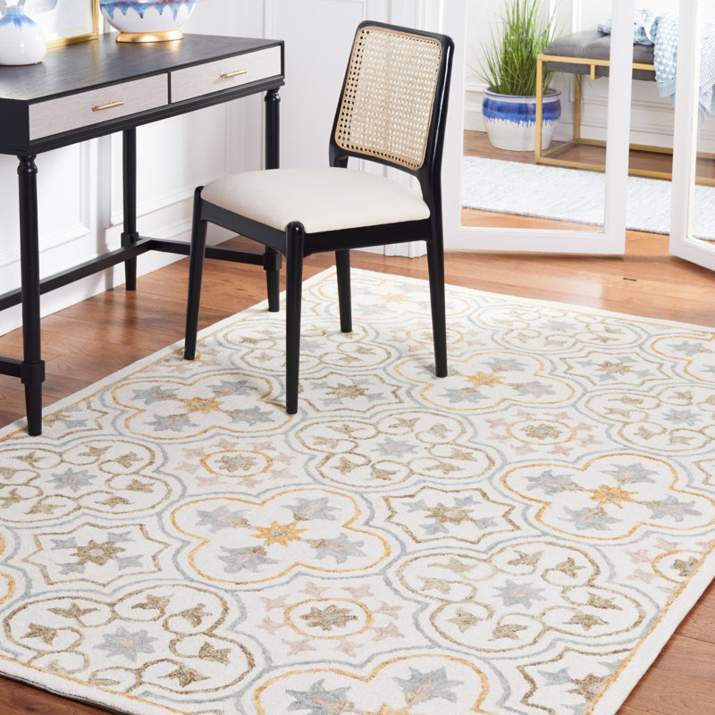 Caleia Micro-Loop Hand Tufted Wool/Cotton Floral Rug in Gray/Orange/Ivory, Rectangle 5' x 8'