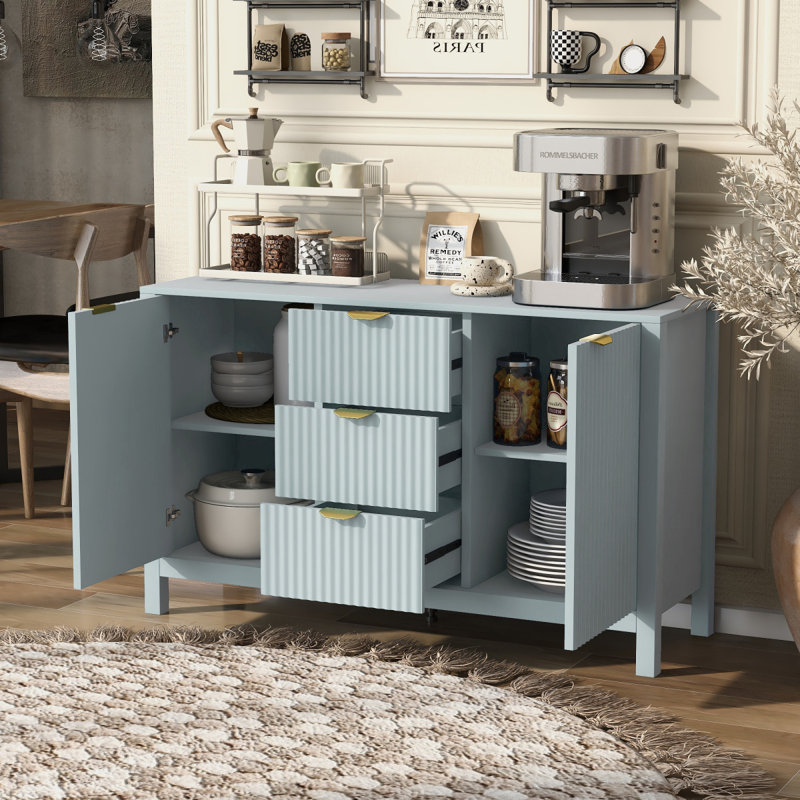 U_STYLE Sideboard With Wave Design  3 Adjustable Shelves, 3 Drawers & Softclose Doors, Storage Console Table With Metal Handles, Suitable For Study, Hallway And Living Room, 3 Colors