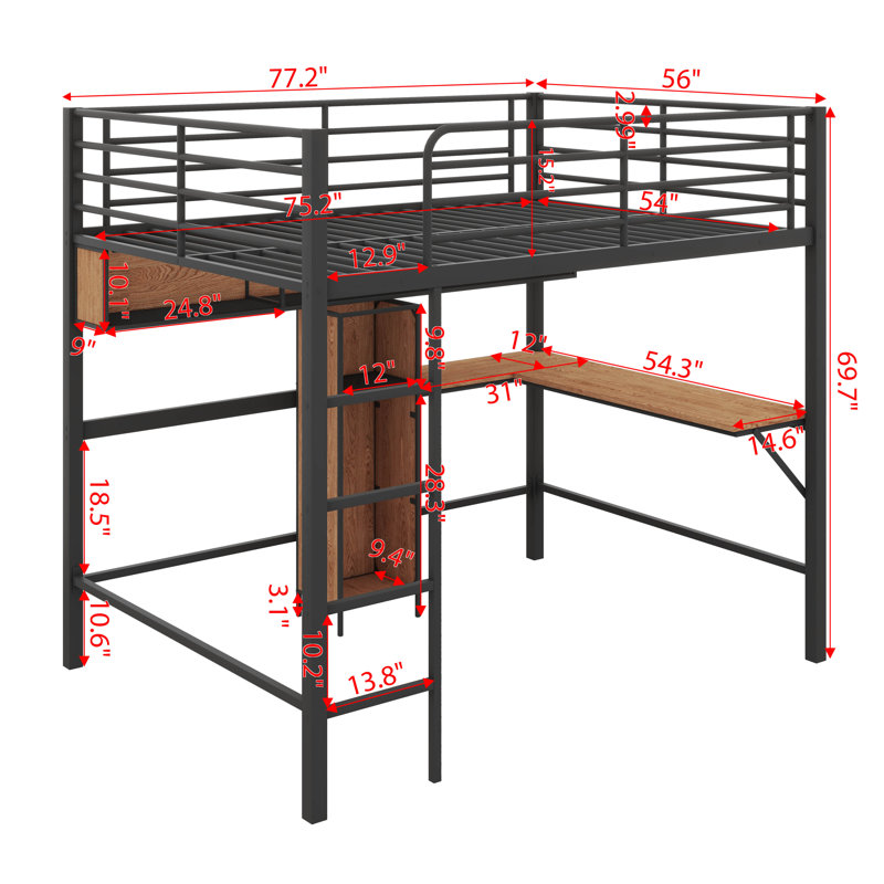 Lit mezzanine double en métal et en bois avec bureau en L et tablettes