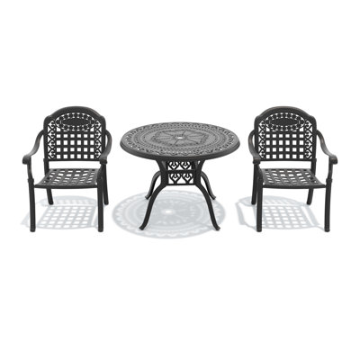 Ensemble de meubles de patio 3 pièces en fonte d'aluminium avec coussins bleus, sièges d'extérieur résistants à la rouille pour terrasse et jardin