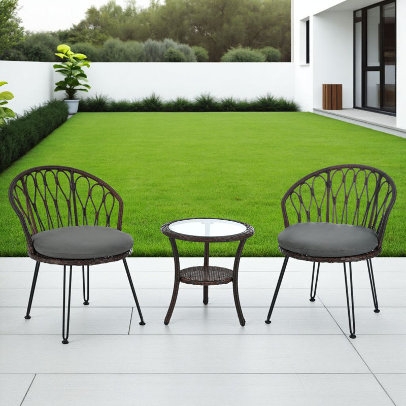 Verdiva Outdoor Leisure Conversation Set With 2 Rattan Chairs And Glass Table, Brown, Gray