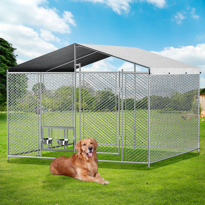 Outdoor Dog Kennel with Roof,2 Rotating Bowls,Lock and Removable Cover