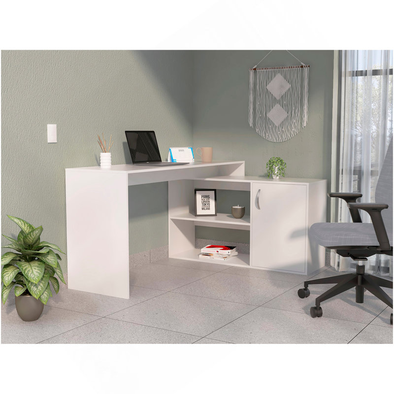 White 1-Drawer 2-Shelf L-Shaped Office Desk, White