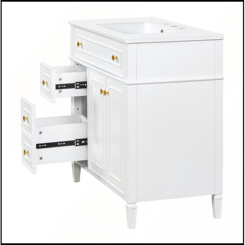 Meuble-lavabo de 36 po avec lavabo, armoire en bois massif blanc, tiroir rabattable, 3 tiroirs, 2 portes à fermeture en douceur, poignées dorées, design moderne, deux ensembles