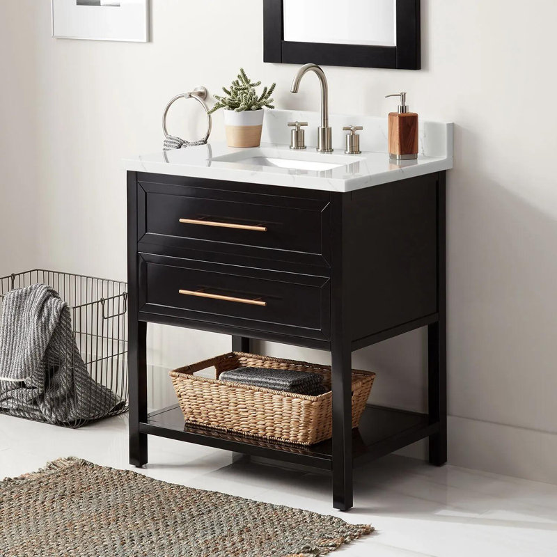 Ensemble de meuble-lavabo simple 30 po avec lavabo encastré rectangulaire Robertson, 8 po, Quartz blanc arctique, Noir