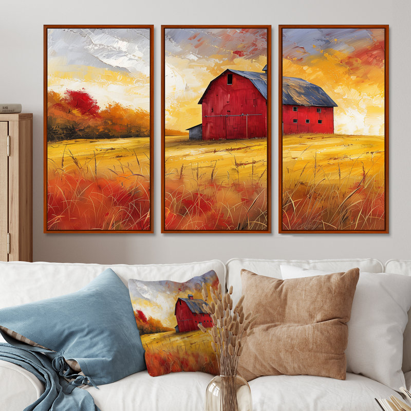 Automne rouge grange brise III - ensemble d'art mural de grange, Cadre flottant brun, H 40 po x l 60 po