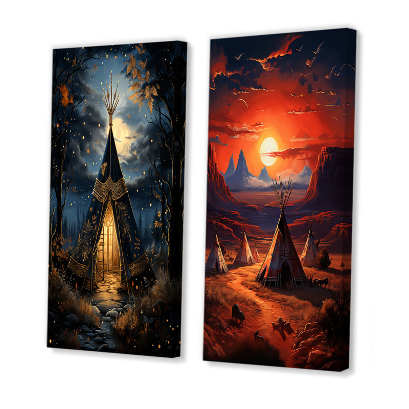 «Blue Native Tipi Celestial Connections», 2 pièces, Toile tendue, H 24 po x l 20 po