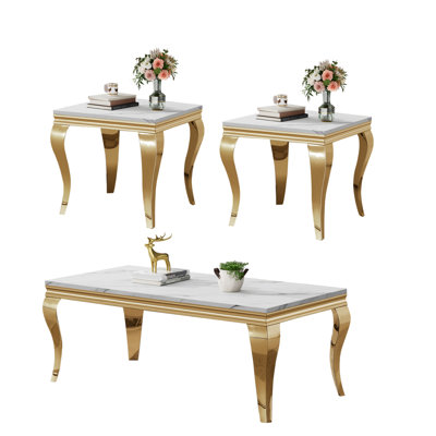 Faux Marble Coffee Table Set of 3, Modern Living Room Table Set Includes 1 Coffee Table and 2 End Side Tables for Living Room, White Faux Marble Top with Stainless Steel Frame