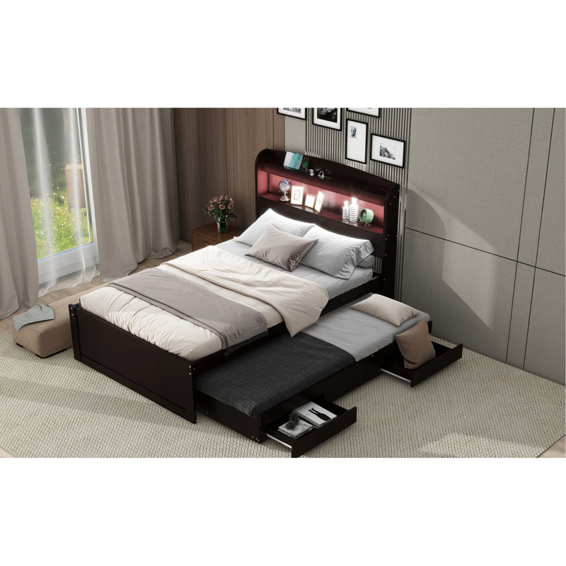 Lit simple avec très grande capacité de rangement et tête de lit à DEL, rangement brun foncé, tête de lit, 2 tiroirs, lit gigogne