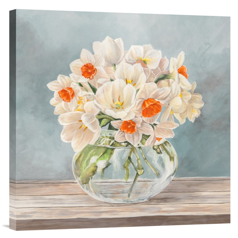 Fleurs et vases aigue-marine II - impression sur toile tendue, H 24 po x l 24 po x P 1,5 po, Aucun mat, Sans cadre / toile