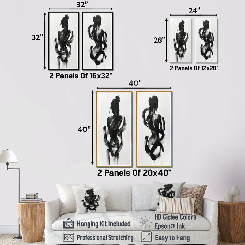 And Minimal Woman Silhouette I - Abstract Shapes Wall Art 2 Pieces Set, 32" H x 32" W, Wrapped Canvas