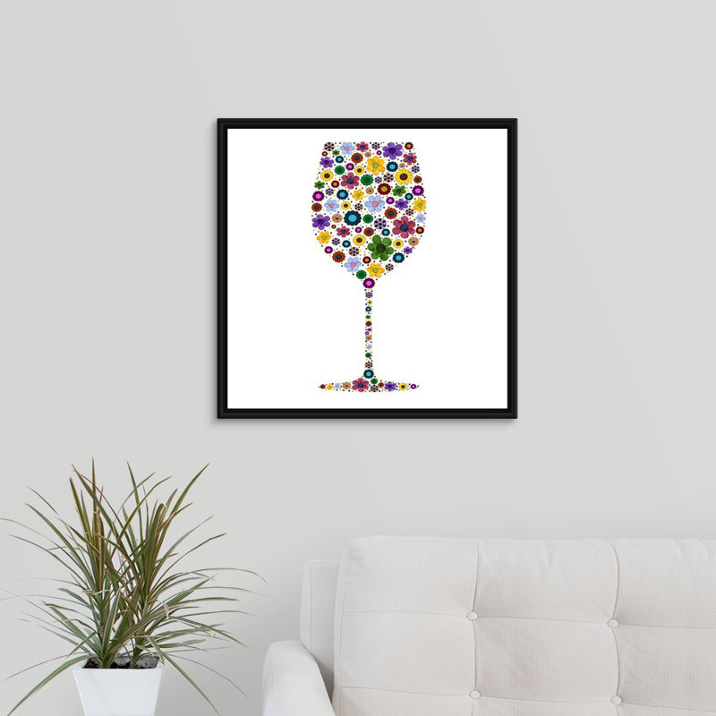 « wine glass party ii », peinture sur toile, H 21,7 po x l 21,7 po x p 1,75 po, Cadre flottant noir