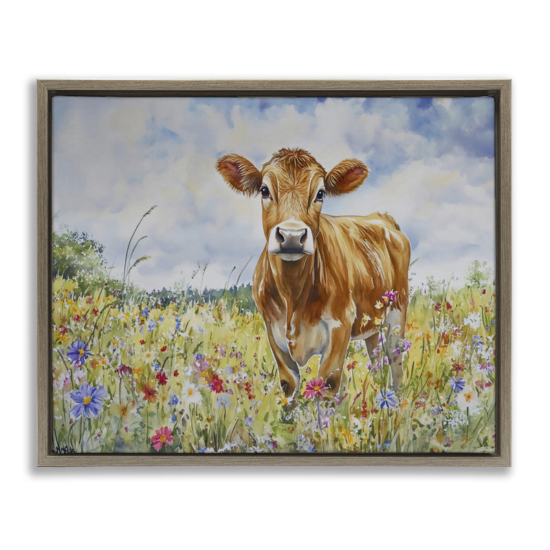 «Jersey Cow in Meadow Floater», art mural par Franklyn Gregory, Cadre flottant orme Montalcino, H 25 po x l 31 po