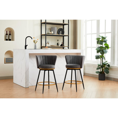 De 2 tabourets de bar à hauteur de comptoir, pivotant à 360 °, avec dossier, pieds en métal, siège en tissu de velours gris, siège d'une hauteur de 26 po, tabouret minimaliste noir mat et repose-pieds - pivotant, dossier rembourré, gris