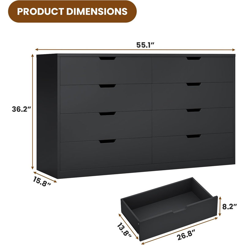 8 Drawers 55.1"W  Dresser For Bedroom, Black