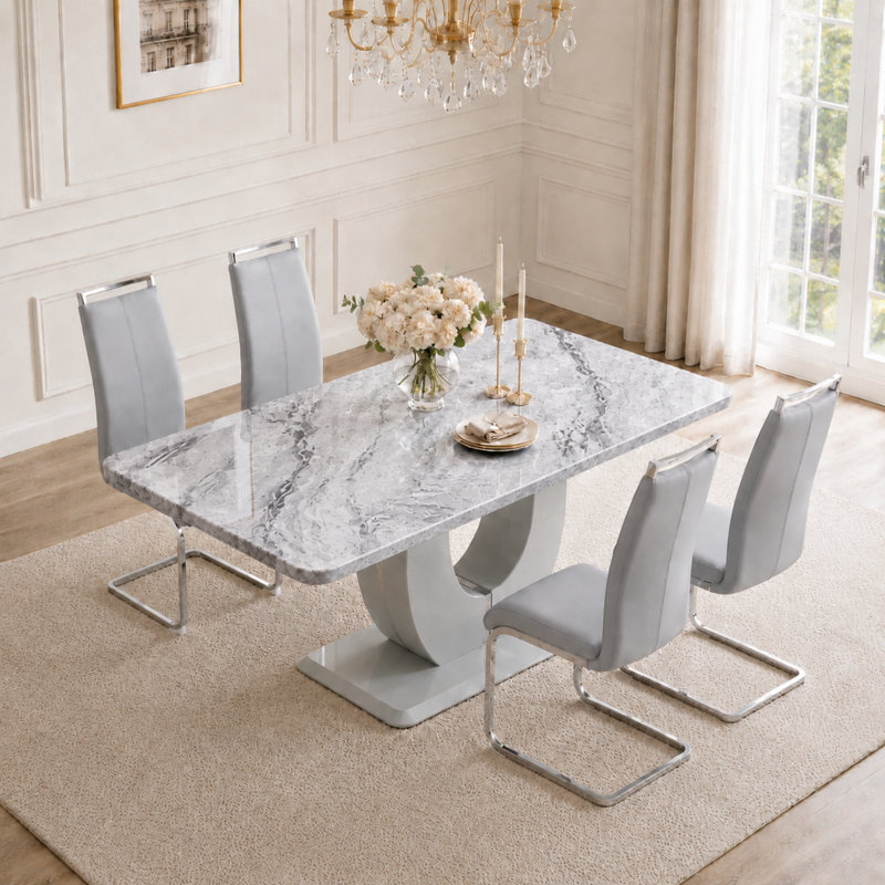 Modern 5-Piece Rectangular Faux Marble Dining Table Set, Light Gray, Gray