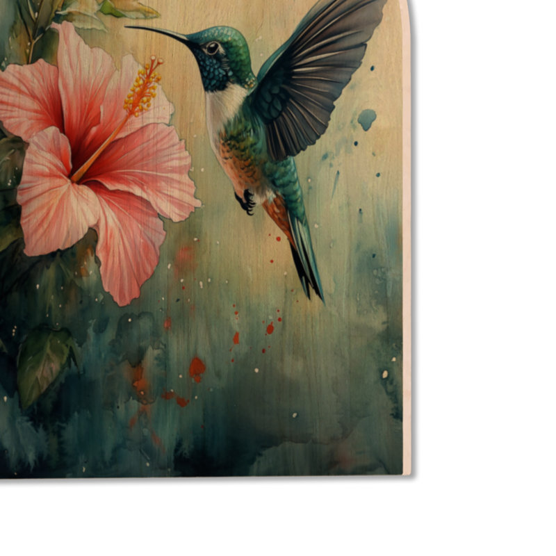 Colibri et hibiscus - décoration murale en bois botanique, 24" H x 18" W, Arche