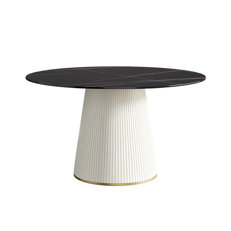 Table de salle à manger 53,15 po en pierre artificielle ronde ronde en contreplaqué beige avec base en polyuréthane pouvant accueillir 6 personnes (sans les chaises)