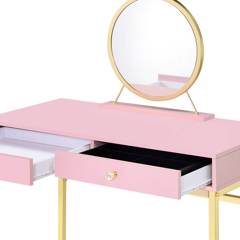 Rectangular Vanity Desk With Pink & Gold Finish, Crystal Handle, Metal Frame, Removable Mirror, Jewelry Tray, 2 Storage Drawers, 2/3 Drawer Extension, Center Glide, Kd Design, Particle Board, ,