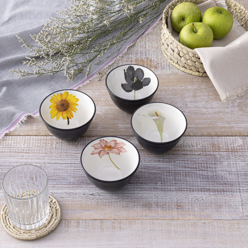 Graphite and Cream Floral Matte Stoneware Mini Bowls Set of Four